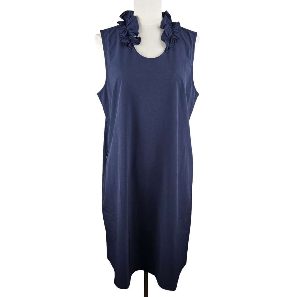Chico's Zenergy Neema Dress Size 2 Women 12 Navy Blue Ruffle UPF Sun Protect NWT